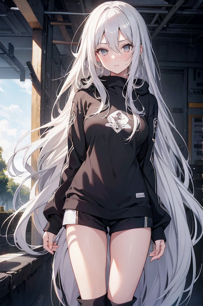 1girl, {Solitary}, Upper Body ,{{ {Watching at viewer}}}, Arms at your sides, Concept Art, white Background, simple Background, White hair, Silver gradient hair , Composite cloth, Asymmetrical clothes, Virtual YouTuber, best quality, masterpiece, Dynamic Angle, , cowboy_shooting, Watching_Back, grab, girl,Miss,woman, young,20 years old, Very long hair, Hair Flip, Silver Hair, Flowing hair, Ahog, giggle, Beautiful and delicate golden eyes, teeth, Large Breasts, Blonde eyes, White skin, hoodie, Black_shorts, Gray clothes, transparent_Background, Backlighting, absurd, high resolution, Extremely detailed,sweater,Face to face