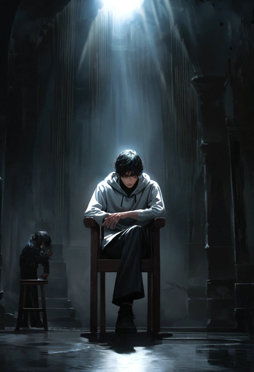 Imagine a young man with long black hair wearing a black and white hoodie, sitting in a dark room with a gloomy and moody atmosphere. His expression is downcast as he looks at the floor, with arcs of electricity crossing his body, standing out against the darkness. The lighting is cinematic, creating a chiaroscuro effect with intricate details. The image is highly detailed and photorealistic, with an 8k quality, reminiscent of award-winning photography. The camera slowly zooms in on the person, revealing a tired face but with a glimmer of hope in the eyes. Suddenly, the young man stands up from the chair with a determined look and walks towards a window. Sunlight streams through the window, illuminating the room and contrasting with the previous darkness, highlighting the determination on the young man's face.
