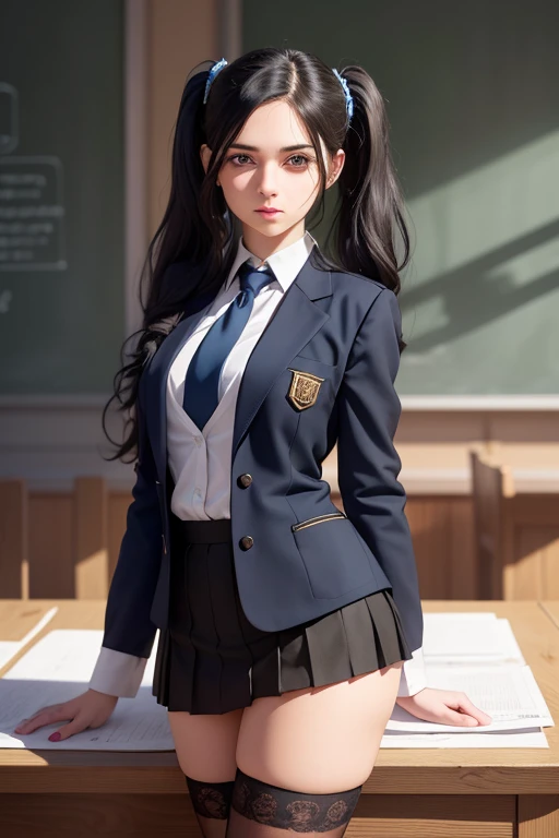 a beautiful young woman with long black hair in twin tails, beautiful detailed eyes, beautiful detailed lips, extremely detailed eyes and face, long eyelashes, wearing a blue blazer style uniform with tie and tight skirt, knee socks, standing in a anatomy club room, looking at the viewer with a sweet expression, surrounded by drawings of the human body on a blackboard, with a replica of the human bust on a table, (best quality, 4k, 8k, high resolution, masterpiece : 1.2), ultra-detailed, (realistic, photorealistic, photorealistic: 1.37 ), HDR, UHD, studio lighting, ultra-fine painting, sharp focus, physically based rendering, extreme detail depiction, professional, vivid colors, bokeh , portraits, photography, warm colors, dramatic lighting