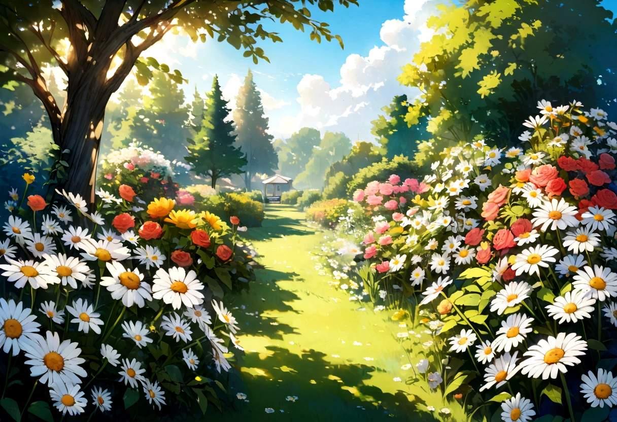garden with roses - daisies - sunny day