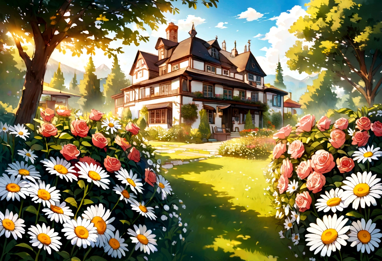 garden with roses - daisies - sunny day