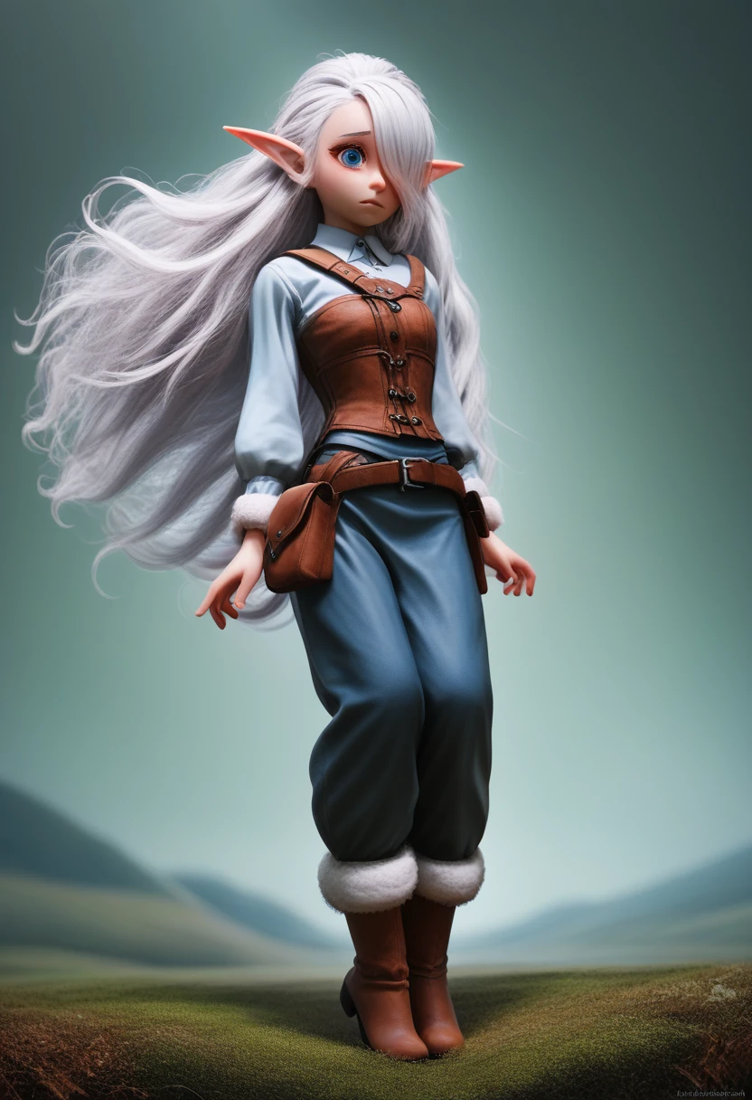 a small girl with pale skin, very long wavy silver hair covering one eye, bright blue anime-style eyes with long lashes, wearing a corset, white puffy long sleeved shirt, and puffy cloth pants, leather bound boots, set in a windy fantasy landscape, (best quality, 4k, 8k, highres, masterpiece :1.2),ultra-detailed,dungeons and dragons, long elf ears, detailed skin and cloth textures, cute detailed face,intricate details,extremely detailed,1girl,dynamic pose with hair covering one eye, shy personality, puffy cloth pants with leather belt, detailed privateer outfit, detailed buccaneer outfit, pouch on belt, wearing ornate leather armor with fur trim, silver inlay detail, wearing fur trimmed boots, wearing fur trimmed gloves, short, short height, halfing girl, small girl, very long detailed flowing hair, big head, big round eyes, windy, wind blown hair,bwirey muscles, fighter, dynamic angle, kineticist, pathfinder, pathfinder kineticist, wind kineticist