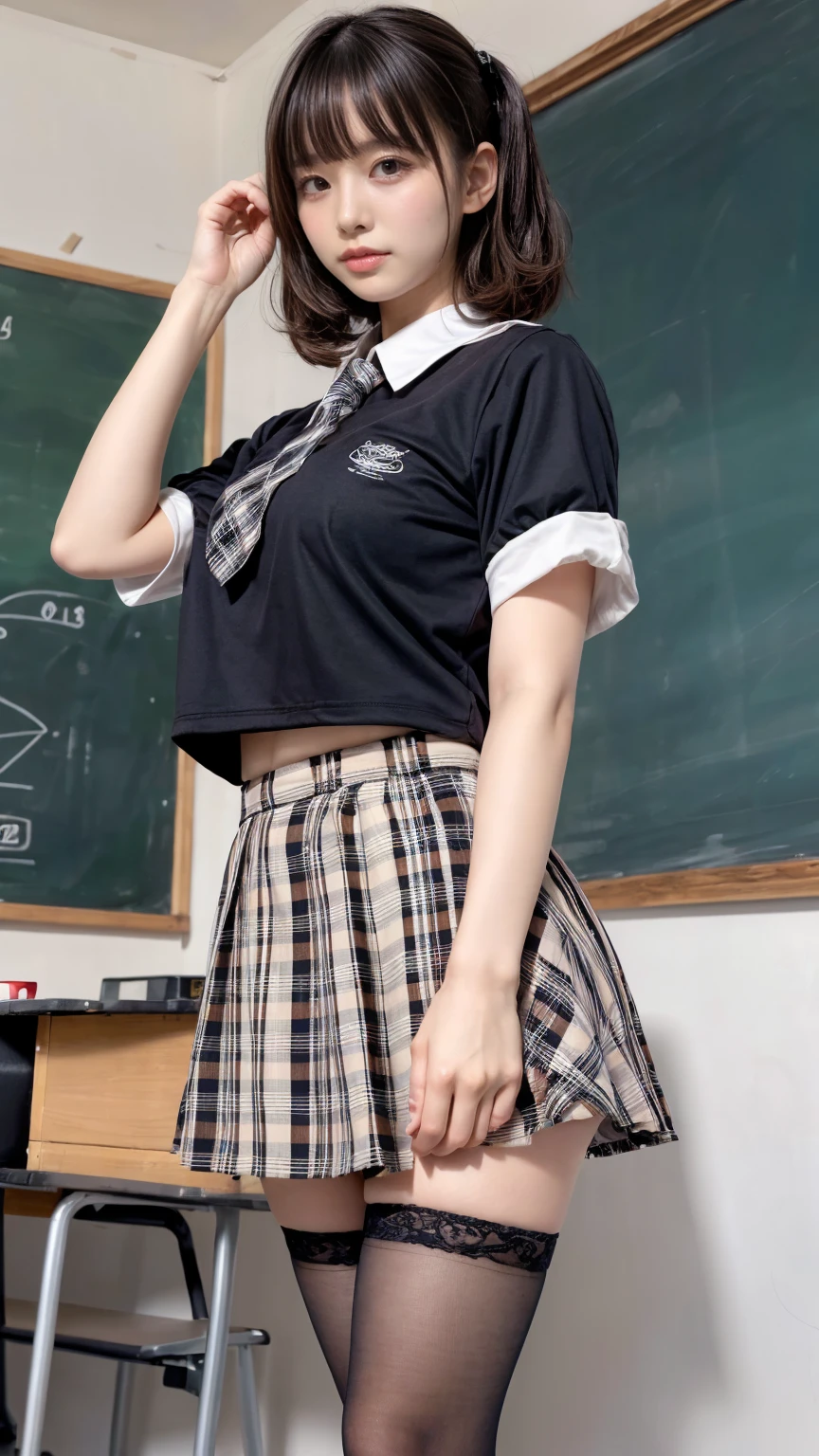 masterpiece, best quality, illustration, Super detailed, fine details, High resolution, 8K,wall paper, perfect dynamic composition,(Details High quality, realistic depiction of eyes:1.3), (white school shirt :1.2), (plaid skirt :1.3), tie black, black thigh-high stockings, standing, open legs, short bob hair, in a classroom, blackboard in the background, deep on field, large breasts, black hair color, Big Natural Color Lip, (perfect body shape), crying a little、Harajuku style、30 year old girl、cute type、ta、beautiful legs, Gravure Idol
