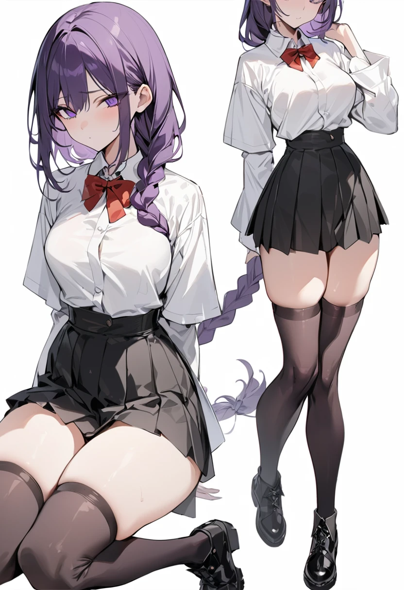 masterpiece, best quality, adult female, dark purple hair, very long single braid, bright purple eyes, white collared shirt with furisode sleeves, thin red bow tie with a diamond-shaped pin on the front of the bow under the collar, black high-waisted pleated skirt, dark purple thigh high socks, black ankle boots, emotionless, calm, expressionless, simple white background, full body,