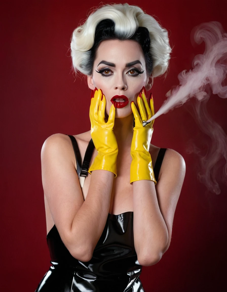 Cruella. A very magnificent hairstyle. A naked model in a long latex butcher's apron. Hands in yellow gloves on face. An elegant pose. Red, thick smoke in the background.