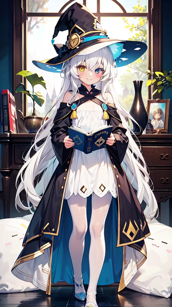 White hair,Cat ear(In the hat),Long hair,Heterochromia(Left blue right yellow),Smile,Female face,There are bright spots in the eyes,Female hands,White little hands,Normal fingers,flat chest,Witch costume,White pantyhose,In the room,Holding a magic book