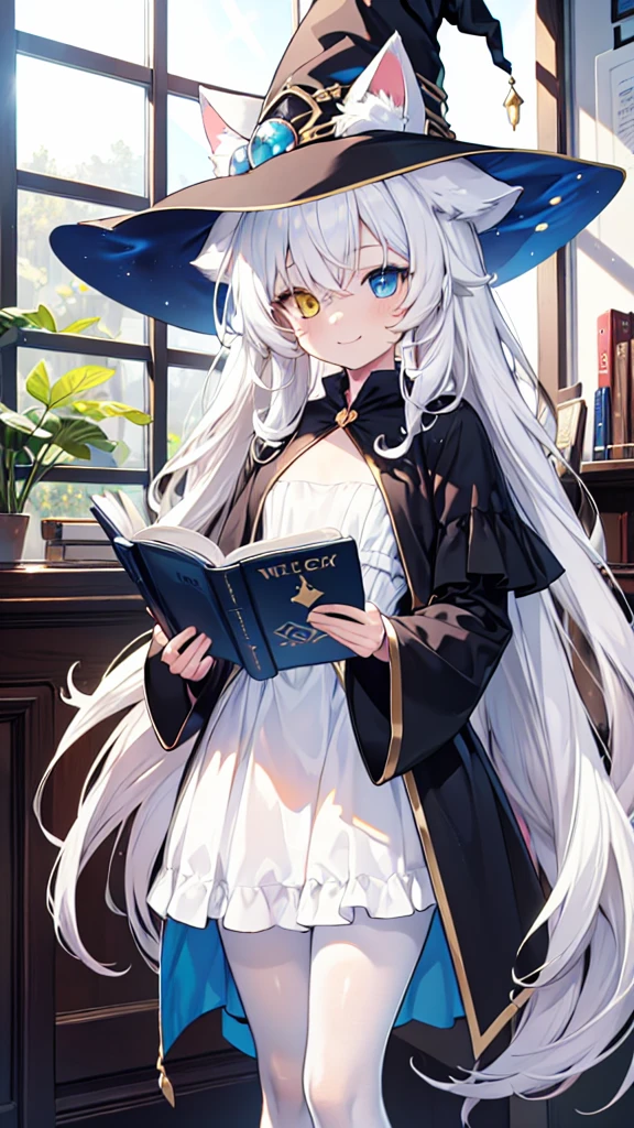 White hair，Cat ear（In the hat），Long hair，Heterochromia(Left blue right yellow)，Smile，Female face，There are bright spots in the eyes，Female hands，White little hands，Normal fingers，flat chest，Witch costume，White pantyhose，In the room，Holding a magic book