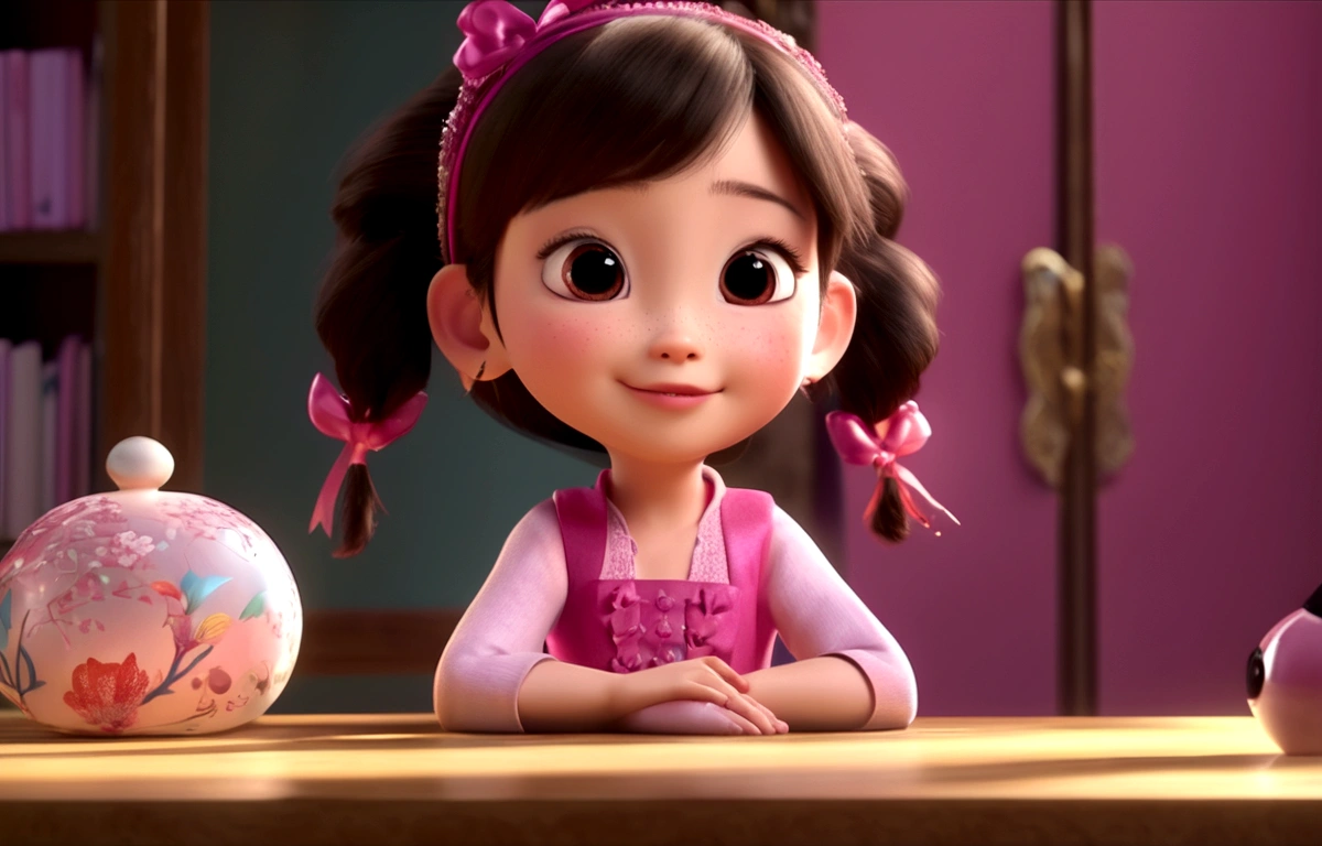 A poster,banner;1Little girl lying on the white table,Wear ballet costumes,Happy expression,Eyes look to the side;Composition:The character is on the right,Solid color background,Pink ribbon for atmosphere decoration;3DAnimation海报,皮克斯3DAnimation风格,Pixar Renderman Rendering,Maya 8K,Animation,disney pixar 3d style,迪士尼皮克斯Animation海报;The content is simple,Simple style。