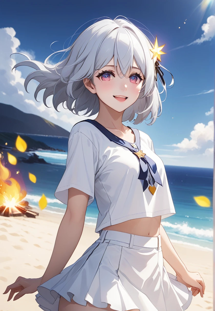 score_9, score_8_superior, score_7_superior, T-Shirts, 白いT-Shirts, Are standing, Cowboy Shot Smile, Open your mouth, Spread your arms,Sandy Beach, fire Fly \(Honkai: Star Rail\), hair ornaments,Black hair band, Medium bust, Nice hands, Perfect hands,Short Hair,Short Hair,Silver Hair,Beautiful hands,White Skirt