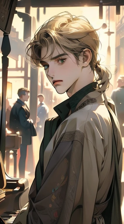 masterpiece, best quality, realistic, 1man, mature male, quiet and charming young man, 18 years old, close his eyes, smirk, closed mouth, extremely detailed face, a little distant, ((dark green eyes)), ((short-side-swept sandy blonde hair)), [thick eyebrows], playing piano, 4K, cool light setting, (in the night)