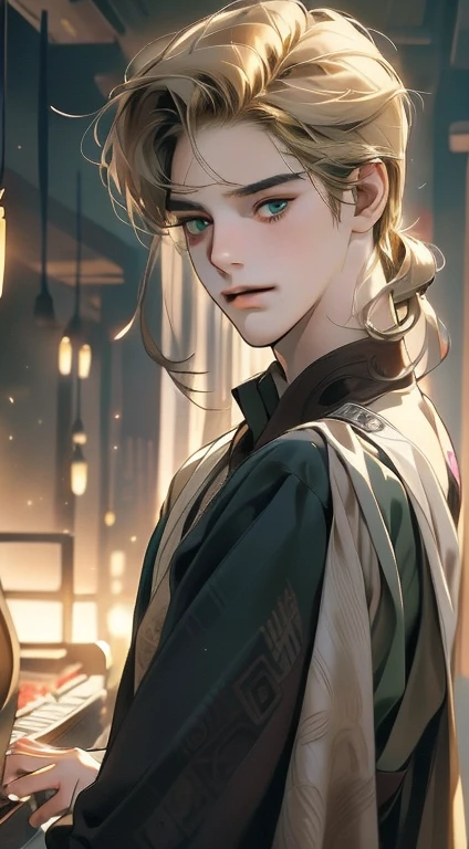 masterpiece, best quality, realistic, 1man, mature male, quiet and charming young man, 18 years old, close his eyes, smirk, closed mouth, extremely detailed face, a little distant, ((dark green eyes)), ((short-side-swept sandy blonde hair)), [thick eyebrows], playing piano, 4K, cool light setting, (in the night)