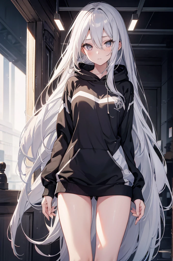 1girl, {Solitary}, Upper Body ,{{ {Watching at viewer}}}, Arms at your sides, Concept Art, white Background, simple Background, White hair, Silver gradient hair , Composite cloth, Asymmetrical clothes, Virtual YouTuber, best quality, masterpiece, Dynamic Angle, , cowboy_shooting, Watching_Back, grab, girl,Miss,woman, young,20 years old, Very long hair, Hair Flip, Silver Hair, Flowing hair, Ahog, giggle, Beautiful and delicate golden eyes, teeth, Large Breasts, Blonde eyes, White skin, hoodie, Black_shorts, Gray clothes, transparent_Background, Backlighting, absurd, high resolution, Extremely detailed,sweater,Face to face,Tights