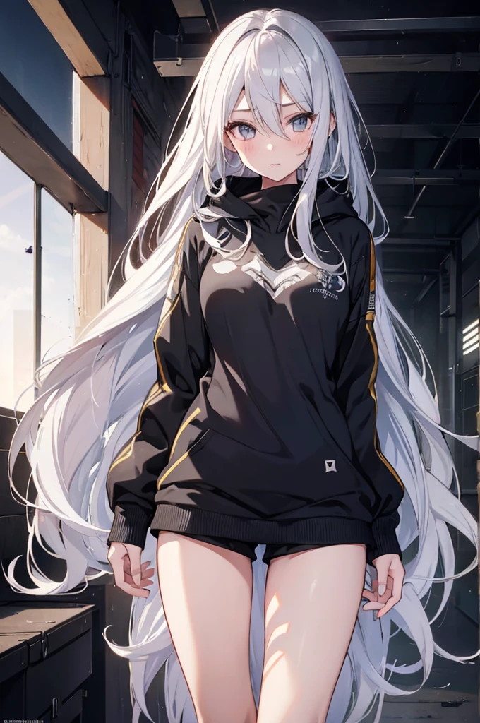 1girl, {Solitary}, Upper Body ,{{ {Watching at viewer}}}, Arms at your sides, Concept Art, white Background, simple Background, White hair, Silver gradient hair , Composite cloth, Asymmetrical clothes, Virtual YouTuber, best quality, masterpiece, Dynamic Angle, , cowboy_shooting, Watching_Back, grab, girl,Miss,woman, young,20 years old, Very long hair, Hair Flip, Silver Hair, Flowing hair, Ahog, giggle, Beautiful and delicate golden eyes, teeth, Large Breasts, Blonde eyes, White skin, hoodie, Black_shorts, Gray clothes, transparent_Background, Backlighting, absurd, high resolution, Extremely detailed,sweater,Face to face,Tights