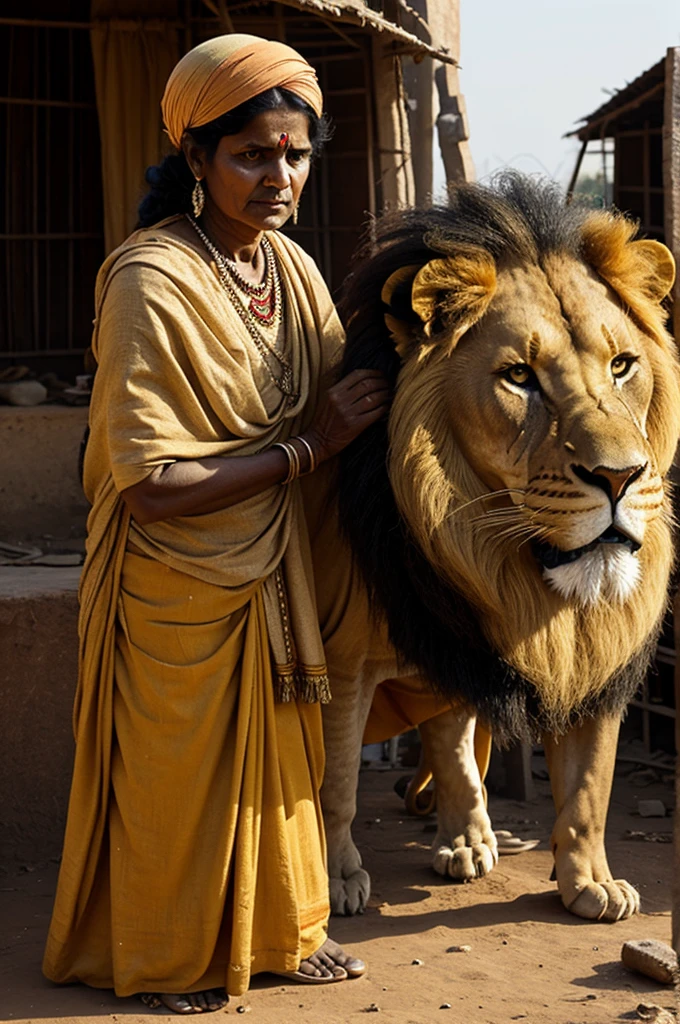 A indian poor woman is making big lion