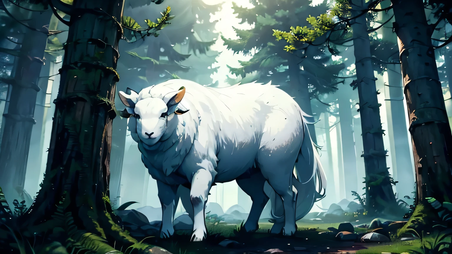 WHITE SHEEP LOST AND DESPERATE in a dark and mysterious DENSE forest at night, moving scene in the forest, changing lighting, hyper-realistic lighting, cinematic, at night