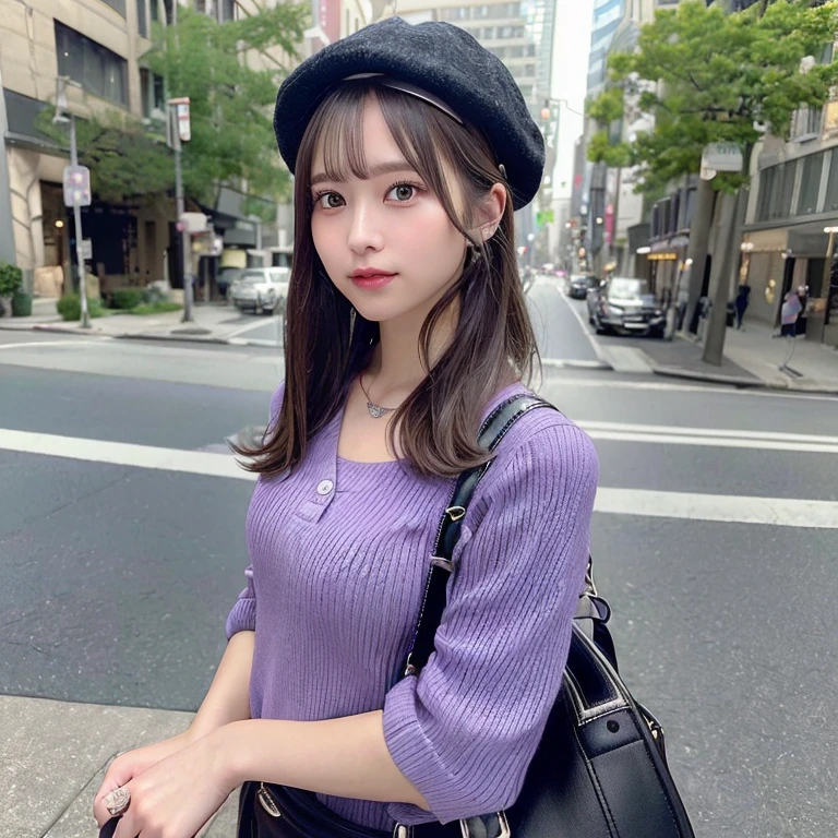 鏡の前でSelfie,Selfie,One girl,Beautiful vintage colors, Instagram (photoRealistic, High resolution:1.4), ((Puffy eyes)), View your viewers, , whole body (8K, RAW Photos, Highest quality, masterpiece:1.2), (Realistic, photo-Realistic:1.37),(Sharp focus:1.2), Professional Lighting, Photon Mapping, Radio City, Physically Based Rendering, (Pale skin:1.2),(Small breasts:1.2), View your viewers, (Mid-length hair:1.5), Portraiture, Purple eyes, (Silver Hair:1.1),bangs, (Simple Background:1.4), alone, Upper Body, Realistic,(masterpiece:1.4),(Highest quality:1.4),(Shiny skin),Fashionable Girl,compensate,smile(skinny,Mouth closed,shy :1.3) ,(Are standing,Wearing a button-down collared shirt,wide leg black trousers,thin frame glasses,necklace,Newsboy capを被っている,Newsboy cap,Carrying a guitar bag,Guitar Caseを背負っている,Guitar Case