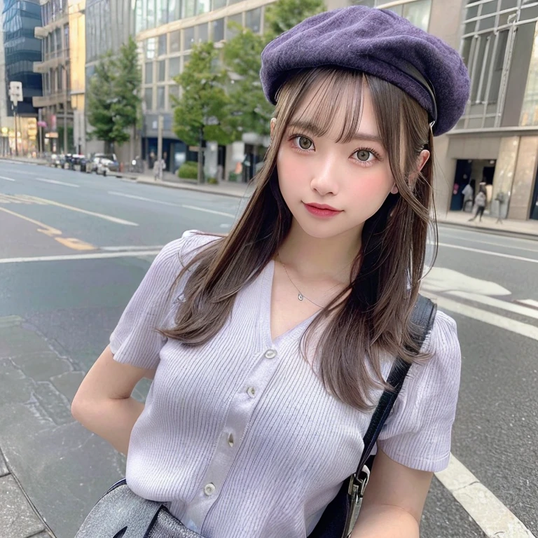 鏡の前でSelfie,Selfie,One girl,Beautiful vintage colors, Instagram (photoRealistic, High resolution:1.4), ((Puffy eyes)), View your viewers, , whole body (8K, RAW Photos, Highest quality, masterpiece:1.2), (Realistic, photo-Realistic:1.37),(Sharp focus:1.2), Professional Lighting, Photon Mapping, Radio City, Physically Based Rendering, (Pale skin:1.2),(Small breasts:1.2), View your viewers, (Mid-length hair:1.5), Portraiture, Purple eyes, (Silver Hair:1.1),bangs, (Simple Background:1.4), alone, Upper Body, Realistic,(masterpiece:1.4),(Highest quality:1.4),(Shiny skin),Fashionable Girl,compensate,smile(skinny,Mouth closed,shy :1.3) ,(Are standing,Wearing a button-down collared shirt,wide leg black trousers,thin frame glasses,necklace,Newsboy capを被っている,Newsboy cap,Carrying a guitar bag,Guitar Caseを背負っている,Guitar Case