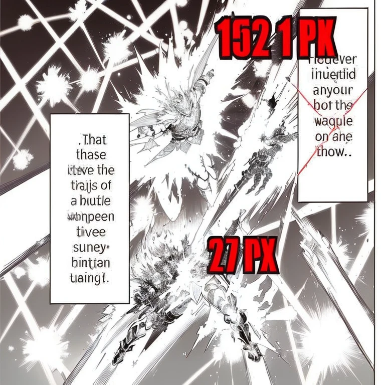 Image of a comic page fight of three warriors panel sleeves, ultra mega super hyper detail, panel manga, 2.35:1 ratio, Pixiv diary ranking, one hit sleeve, extremely complex, color panel manga, shonen panel manga, large scale battle, colored panel manga, as a panel manga, huge explosions everywhere, make an image where there are sparkles remove the dialog boxes , three signs fighting but the size according to the image, put fempto as berserker in miniature and omniman in miniature also fighting against the monster warrior. In that panel the three fighting with those flashes of light. Colors the image