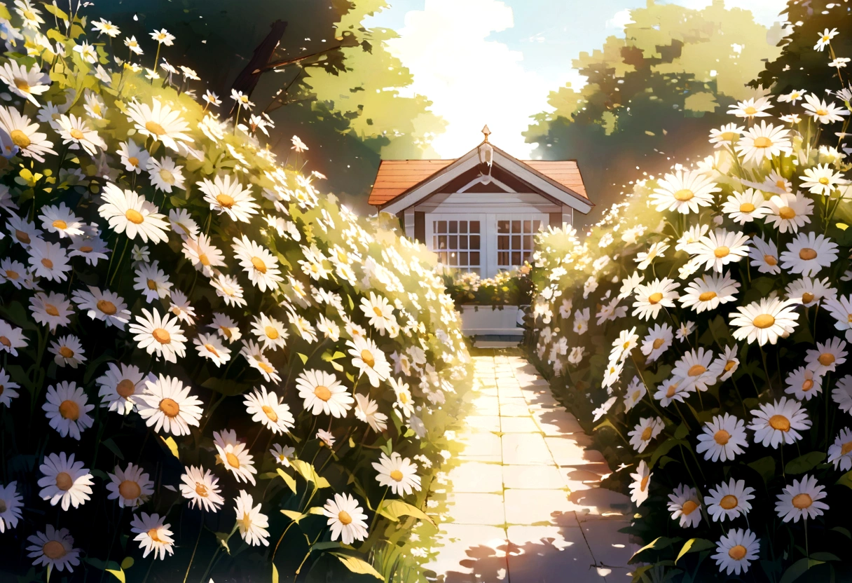 garden with roses - daisies - sunny day