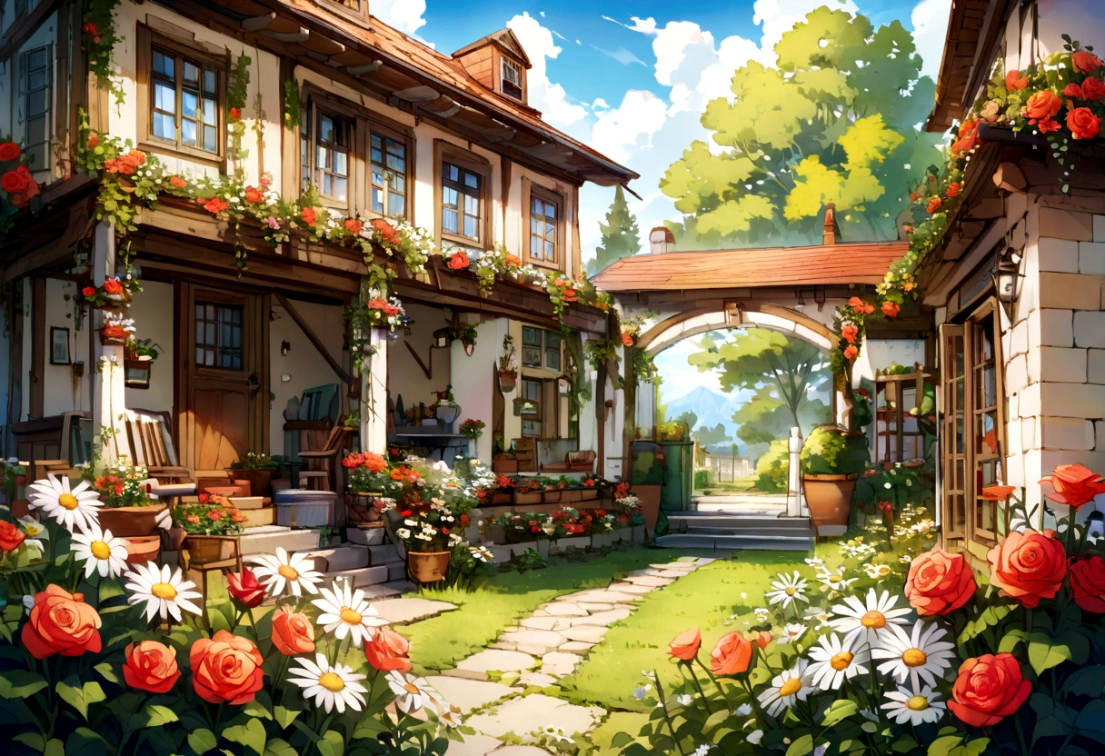 garden with roses - daisies - sunny day