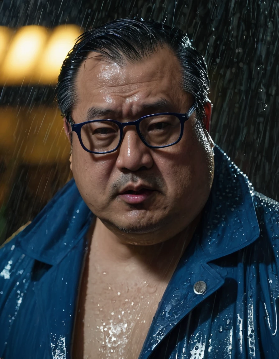 Fat, Chubby man in a blue coat, Shirtless , take off Shirt, Asian 50 year old, eye glasses, Wet, Raining, moody lighting, dramatic shadows, cinematic composition, intense gaze, mysterious expression, unsettling ambiance, atmospheric, detailed facial features, realistic skin textures, high level of detail, 8k, cinematic lighting, photorealistic, masterpiece.