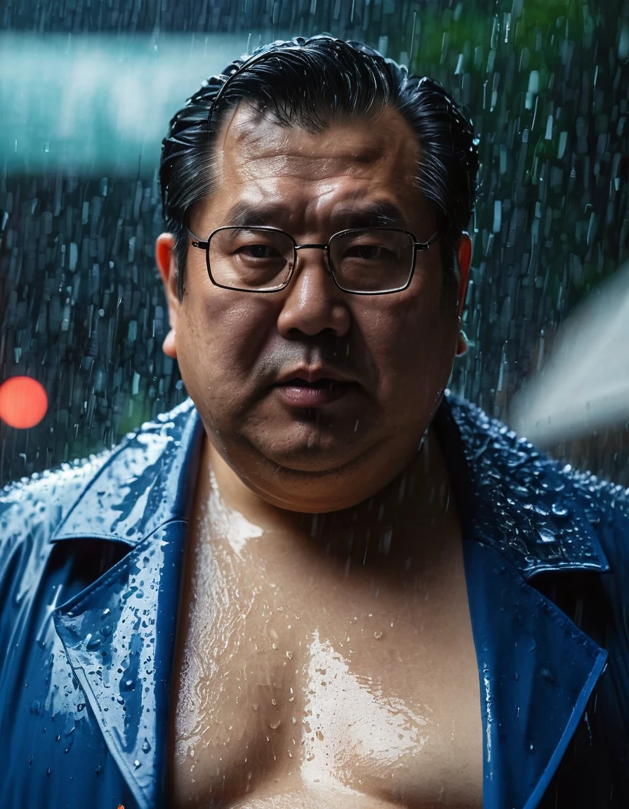 Fat, Chubby man in a blue coat, Shirtless , take off Shirt, Asian 50 year old, eye glasses, Wet, Raining, moody lighting, dramatic shadows, cinematic composition, intense gaze, mysterious expression, unsettling ambiance, atmospheric, detailed facial features, realistic skin textures, high level of detail, 8k, cinematic lighting, photorealistic, masterpiece.
