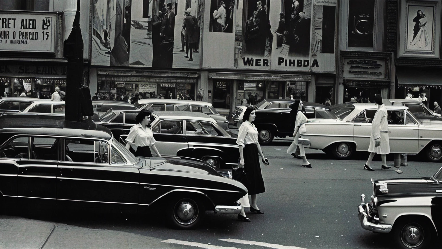 Arabian woman walking in front of a row of parked cars, New York in the 1960s, cinematic diane arbus, inspired By Ruth Orkin, inspired By Bruce Davidson, Bruce Davidson Photography, By Ruth Orkin, By Bruce Davidson, inspired by Vivian Maier, by Larry Fink, by Vivian Maier Black and White Photography