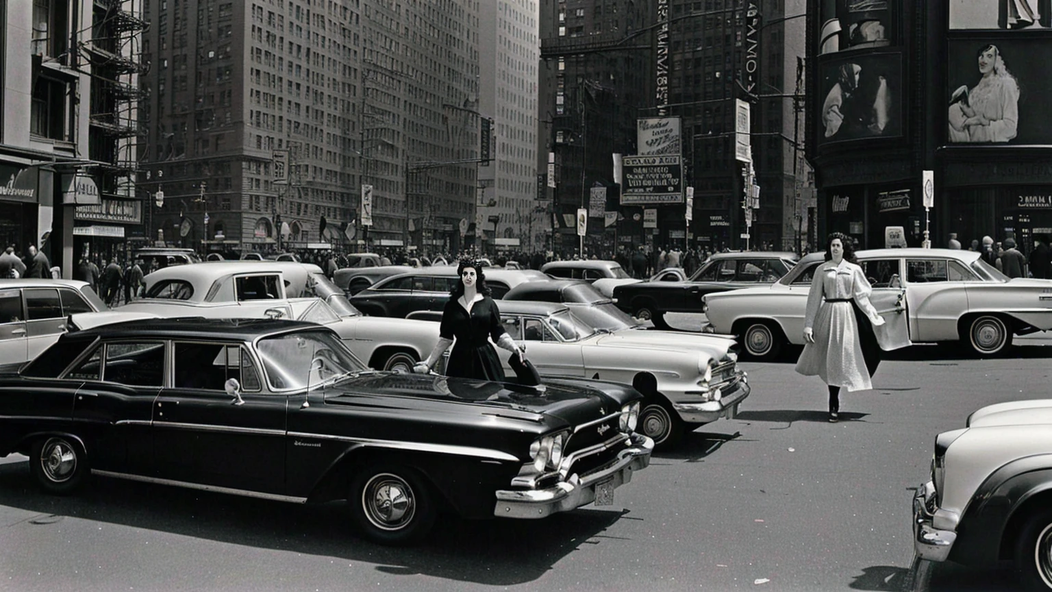 Arabian woman walking in front of a row of parked cars, New York in the 1960s, cinematic diane arbus, inspired By Ruth Orkin, inspired By Bruce Davidson, Bruce Davidson Photography, By Ruth Orkin, By Bruce Davidson, inspired by Vivian Maier, by Larry Fink, by Vivian Maier Black and White Photography