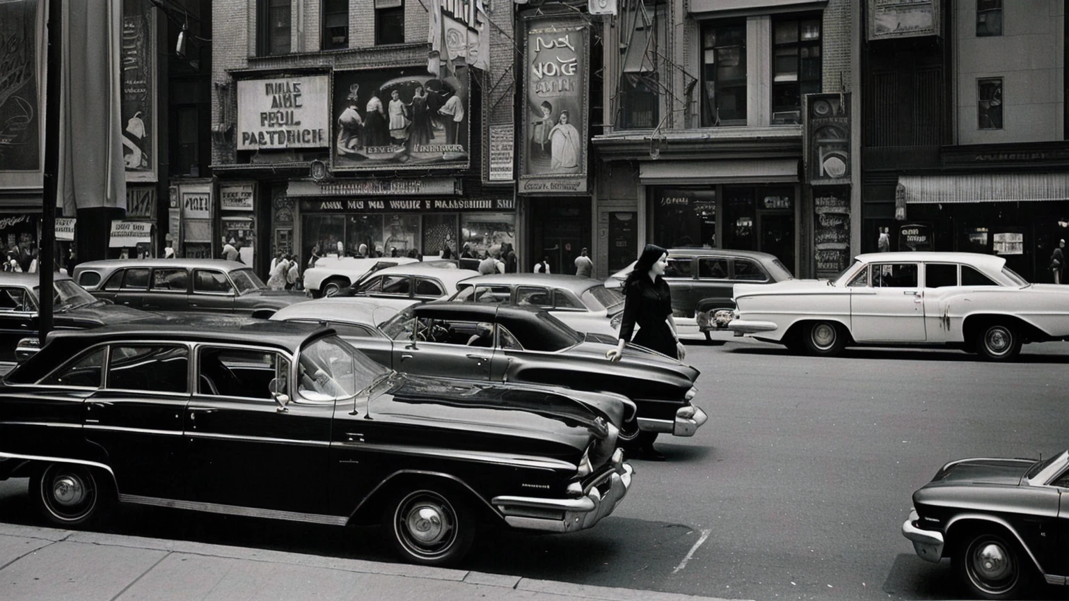 Arabian woman walking in front of a row of parked cars, New York in the 1960s, cinematic diane arbus, inspired By Ruth Orkin, inspired By Bruce Davidson, Bruce Davidson Photography, By Ruth Orkin, By Bruce Davidson, inspired by Vivian Maier, by Larry Fink, by Vivian Maier Black and White Photography