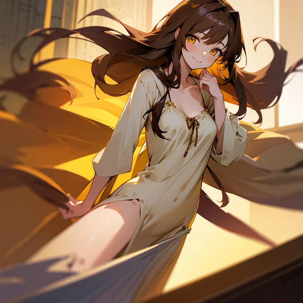 Anime girl with long brown hair and yellow eyes with a sensual smile wearing a chest-length nightgown falling over her shoulders leaving her breasts exposed