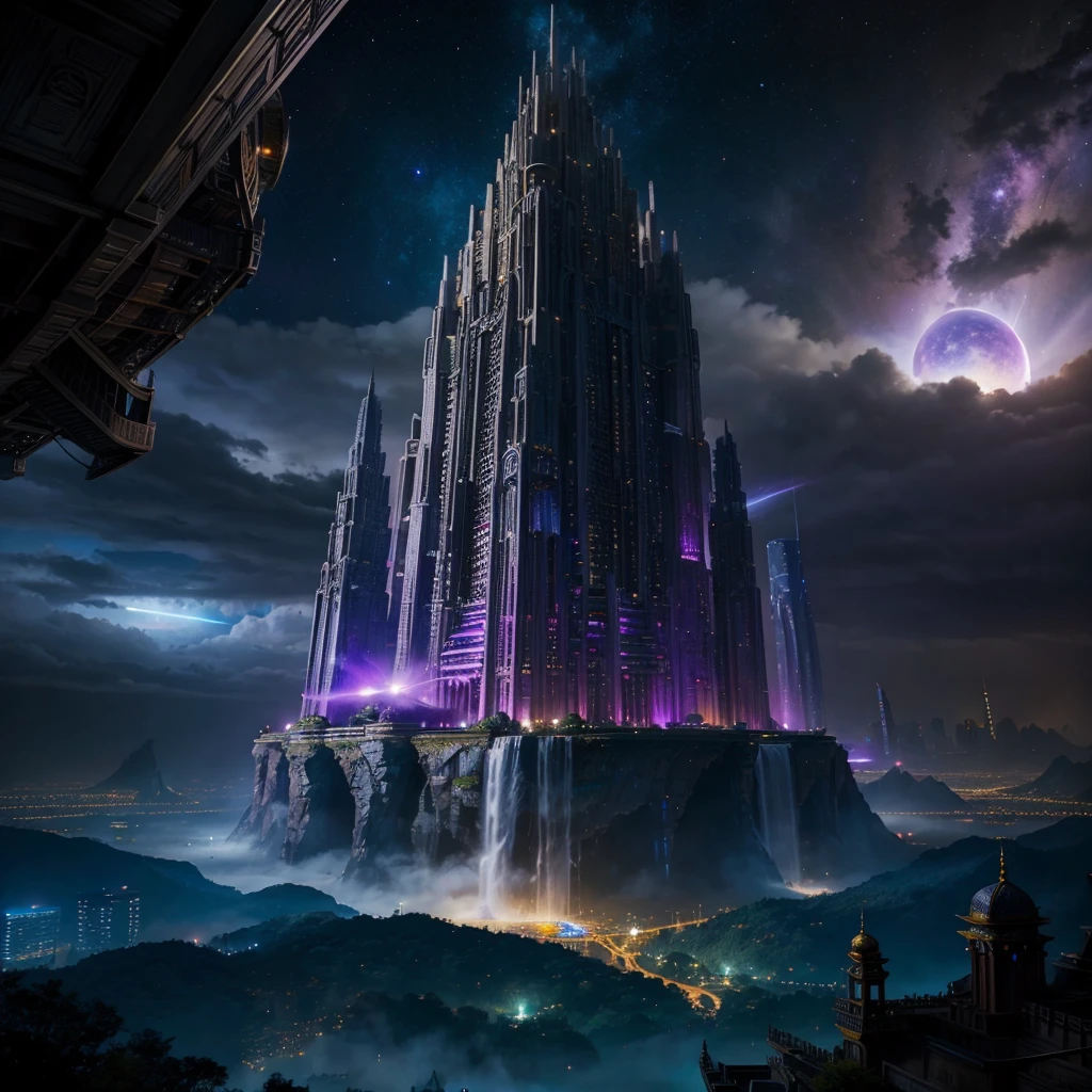 A huge fantastical sci-fi city, aether city, floating aerial metropolis,Skyscrapers、Daytime，Huge construction，Super huge waterfall，Super huge temple，Super huge torii，Night view，mysterious，Fantasy， towering skyscrapers, massive waterfall, celestial planets in the sky, surrounded by clouds, cosmic architecture, violet energy scars around, central massive castle, astral sky
