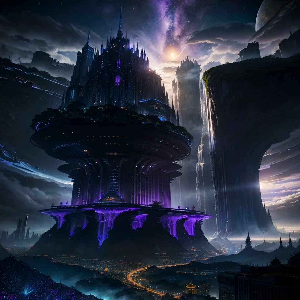 A huge fantastical sci-fi city, aether city, floating aerial metropolis,Skyscrapers、Daytime,Huge construction,Super huge waterfall,Super huge temple,Super huge torii,Night view,mysterious,Fantasy, towering skyscrapers, massive waterfall, celestial planets in the sky, surrounded by clouds, cosmic architecture, violet energy scars around, central massive castle, astral sky