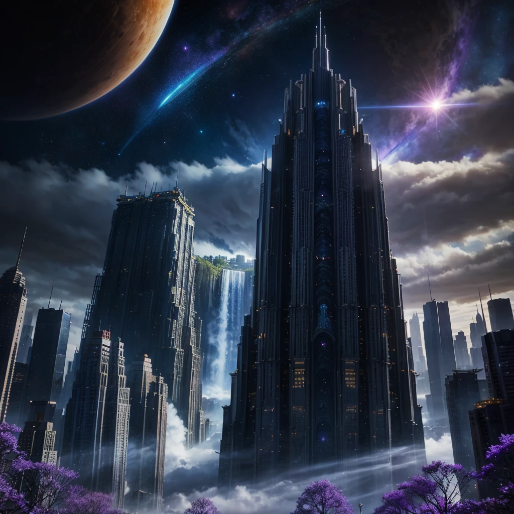 A huge fantastical sci-fi city, aether city, floating aerial metropolis,Skyscrapers、Daytime，Huge construction，Super huge waterfall，Super huge temple，Super huge torii，Night view，mysterious，Fantasy， towering skyscrapers, massive waterfall, celestial planets in the sky, surrounded by clouds, cosmic architecture, violet energy scars around, central massive castle, astral sky