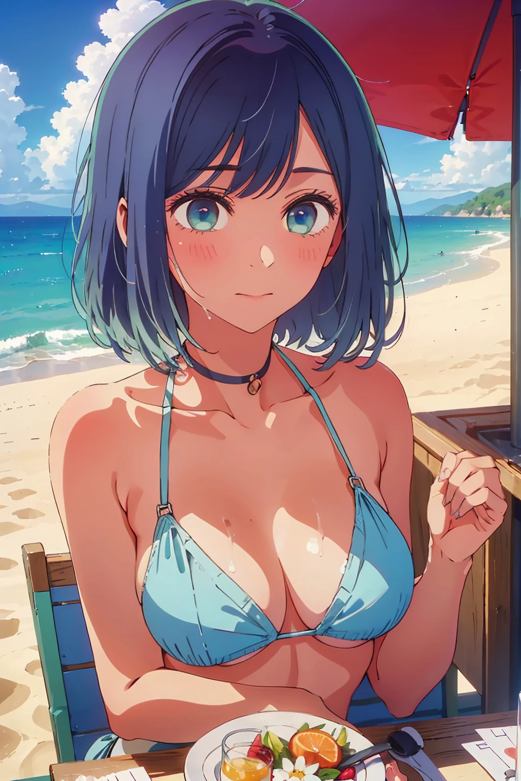 (Highest quality:1.4、masterpiece:1.4、Super detailed:1.4、8K:1.4)、((((1 person、Surprised expression、sit、Outdoor café terrace、coastal、juice、table、Sandy Beach、juiceのグラスを持つ、Plain Bikini、The depth of the written world、Very soft boobs、Big eyes、Very cute face))))、F cup bust、Medium breast、Underboob、Sideboob