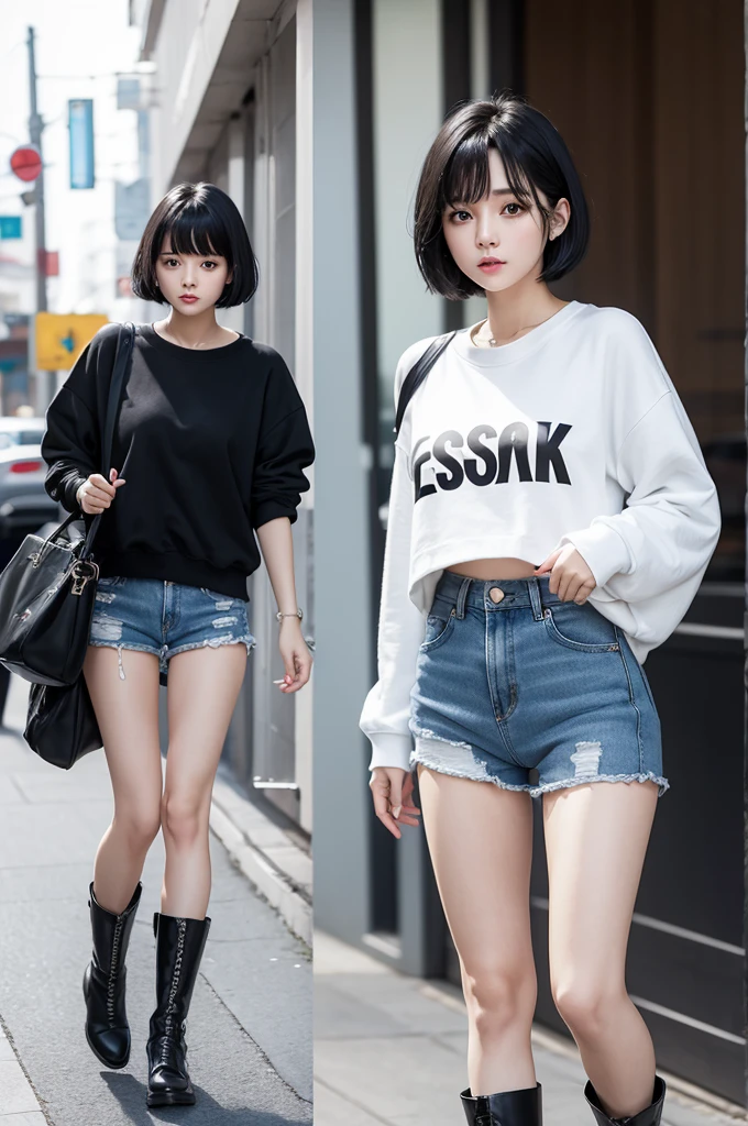  playfully short black hair with bangs Korean face white sweatshirt and short denim shorts black boots