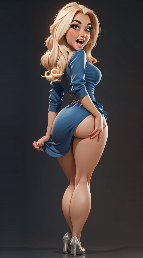 high detailed, masterpiece  1girl cartoon character in blue dress, long blonde hair, lewd expression, open mouth, tonge out, from behind, looking at viewer, perfect hands, big perky breasts, wide hips, thick thighs, ultra realistic digital art, a 3D render, photorealism, clean scene, black background, black wall