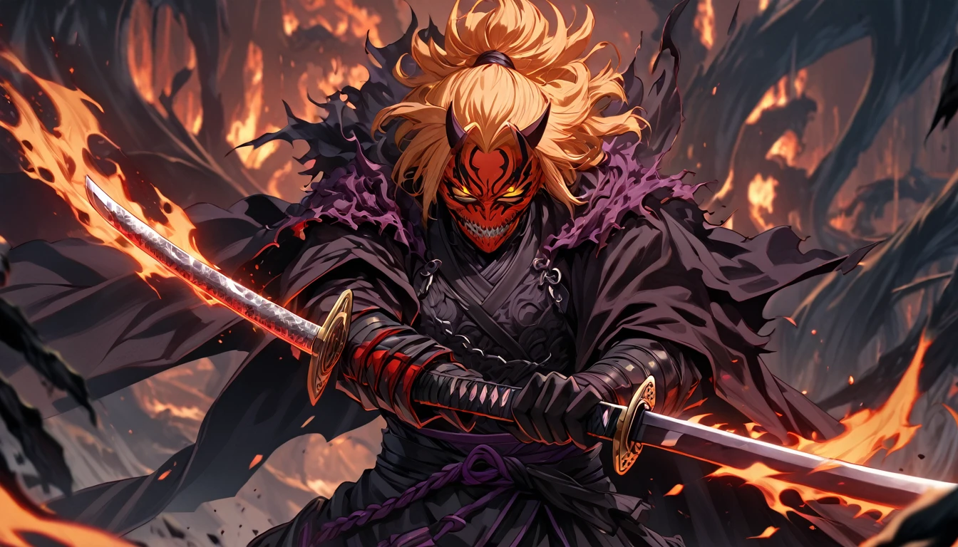 ninja mask, cape,close up, black heavy detailed clothes, katana, art, dark and malevolent, hand sword, armor, powerful and intimidating, (masterpiece, best quality, ultra-detailed, best shadow), (detailed background, dark fantasy) dramatic light, intricate details, dark and malevolent, powerful and intimidating, Dark and foreboding, malevolent force, sinister and chilling, armor, high detailed background, girl in demon slayer art, demon slayer art style, epic anime art, God death