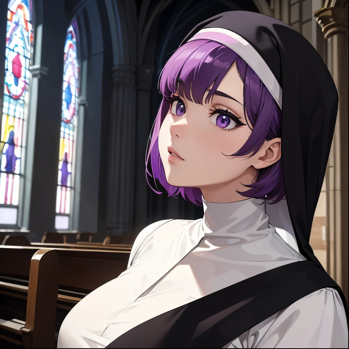 Superior quality, Masterpiece, ultra high resolution, image of a 1 girl with short purple hair and purple eyes and she is in a church wearing a nun&#39;s outfit, she is on her back showing her big ass 