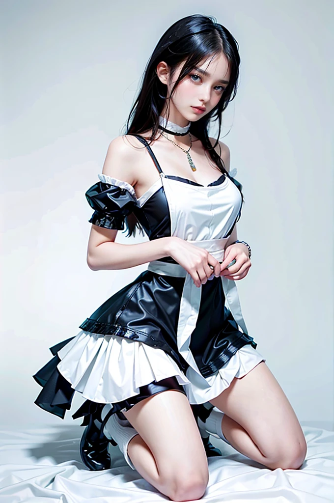 1girl, maid, dress, on knees, With sexy maid clothes, showing her tongue, sensual and beautiful face, clear eyes, cropped clothes, high resolution photo, chain on her neck, and cute socks on her feet 