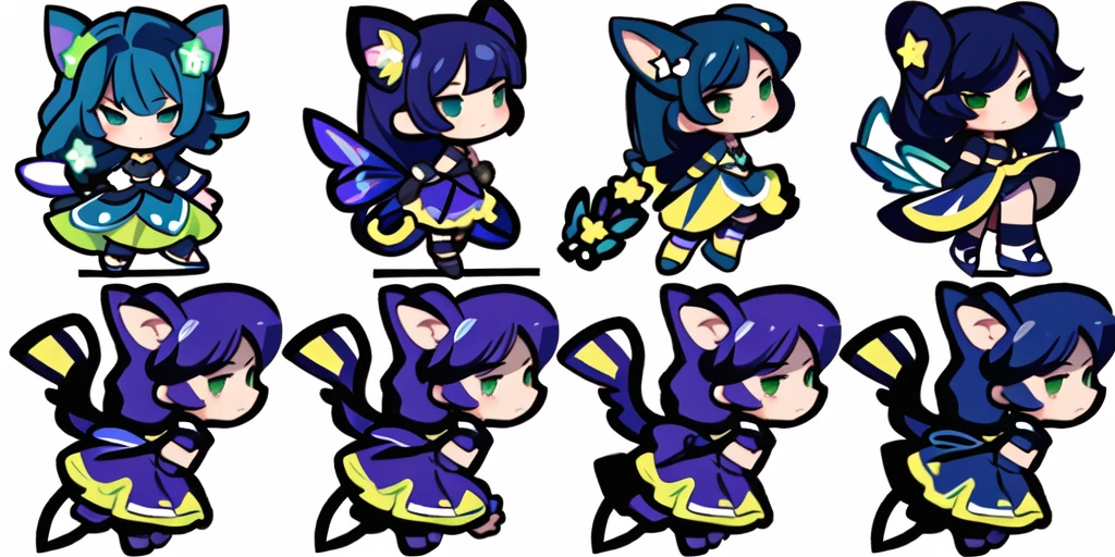 a close up of a cartoon character with different poses, spritesheet, sprite sheet, with familiar sprites, sprites, fairy girl, morgana, default pose neutral expression, twirling, sprite 2 d, shady, green fairy, smol, multiple poses, cute chibi, kawaii