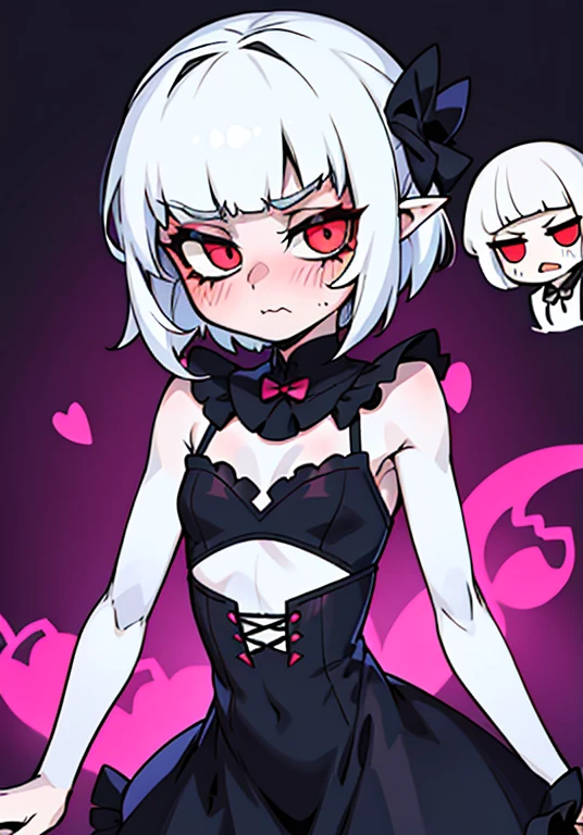 ,flat chested, flat stomach, tiny body, small stature, high quality image of an anime-style gothic girl, the girl has a very thin body, the girl has short legs, her face is sad, the girl has white skin, the girl has very small breasts, The girl is slightly blushing, the girl has little ears, the girl has white hair, the girl has short hair, the girl is posing sexy, the girl is wearing a black tight maid dress with pink ruffles, the girl's eyes are bright red, the girl has very marked black eyeliner, The background of the image is a night garden with luminous ghosts,
