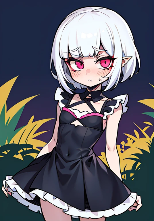 ,flat chested, flat stomach, tiny body, small stature, high quality image of an anime-style gothic girl, the girl has a very thin body, the girl has short legs, her face is sad, the girl has white skin, the girl has very small breasts, The girl is slightly blushing, the girl has little ears, the girl has white hair, the girl has short hair, the girl is posing sexy, the girl is wearing a black tight maid dress with pink ruffles, the girl's eyes are bright red, the girl has very marked black eyeliner, The background of the image is a night garden with luminous ghosts,