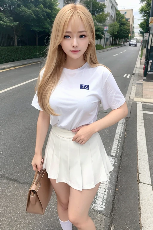 Her windblown blonde hair obscures her pretty face..、Bangs that flow between the eyes、Sexy big 、 cute little smile、Shiny, bright, straight, super long blonde hair、Cute and beautiful long, smooth bangs covering the area between the eyes、Long, straight, silky hair、sexy and cute beautiful young girl、clear, white and Shiny skin、Shiny skin、Beautiful Face、Beautiful brown eyes that shine so brightly、Very big eyes、Small Face Beauty、Perfect beauty、(Full body 2:1)、(high school girl)、Get on a bike、Shot from below、uniform、Sailor suit、Short sleeves、Navy blue short skirt、Navy blue knee socks、Leather shoes、Her white pants are slightly visible、Sexy pose、gravure、 information