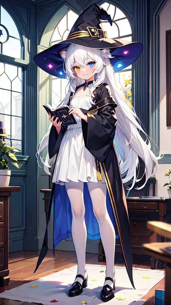 White hair，Cat ear（In the hat），Long hair，Heterochromia(Left blue right yellow)，Smile，Female face，There are bright spots in the eyes，Female hands，White little hands，Normal fingers，flat chest，Witch costume，White pantyhose，In the room，Holding a magic book