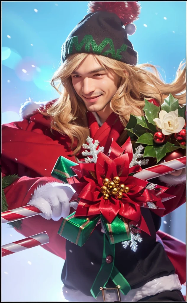 a close up of a handsome man in a red coat holding a candy cane, christmas, smile, wearing a fur trimmed hat, detailed facial features, warm lighting, cinematic, high quality, photorealistic, 8k, best quality