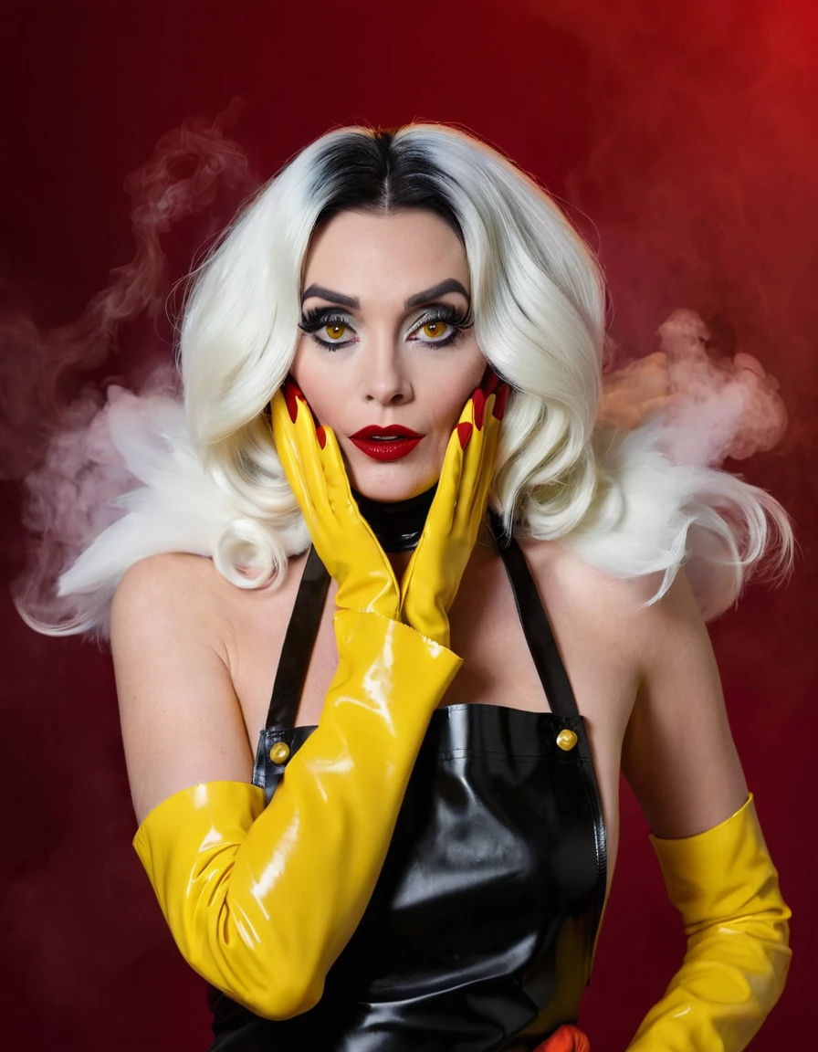 Cruella. A very magnificent hairstyle. A naked model in a long latex butcher's apron. Hands in yellow gloves on hips. An elegant pose. Red, thick smoke in the background.
