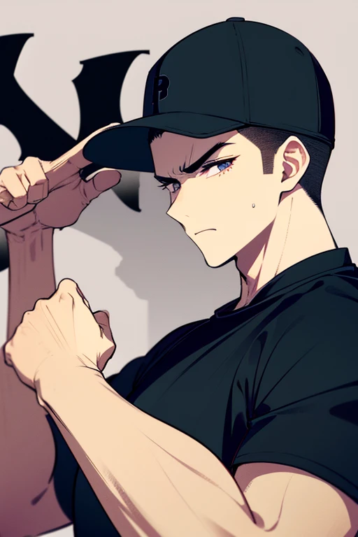 Tough looking baseball boy, yakuza muscles and face, baseball cap, bat and ball in hands.  defined muscles, very short hair shaved hair. Black baseball shirt.