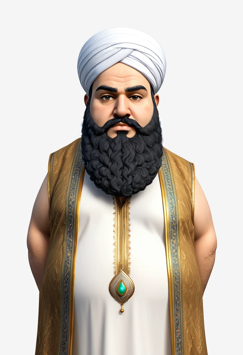 photo realistic, highly detailed, 8k, cinematic, best quality, 1 man, fat man, toon arabian thug, 3d, white background, full body, beard, turban