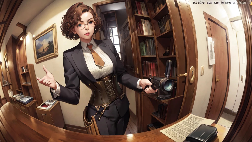 masterpiece,Highest quality,(1 person:1.3), Age 25,short hair,Colored hints,Curly Hair,Tinted Glasses,Earrings,gun,tie,topless,corset,Mafia Style,handcuffs,Wrap coat,street,From above,(Dutch Angle, Fisheye Lens),Lens flare,Depth of written boundary 