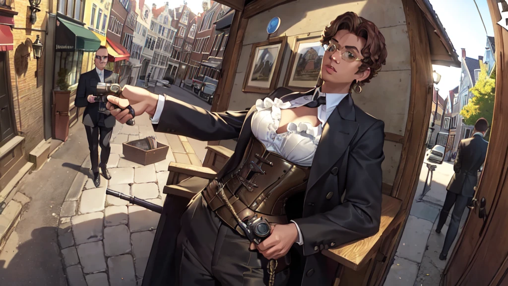 masterpiece,Highest quality,(1 person:1.3), Age 25,short hair,Colored hints,Curly Hair,Tinted Glasses,Earrings,gun,tie,topless,corset,Mafia Style,handcuffs,Wrap coat,street,From above,(Dutch Angle, Fisheye Lens),Lens flare,Depth of written boundary 